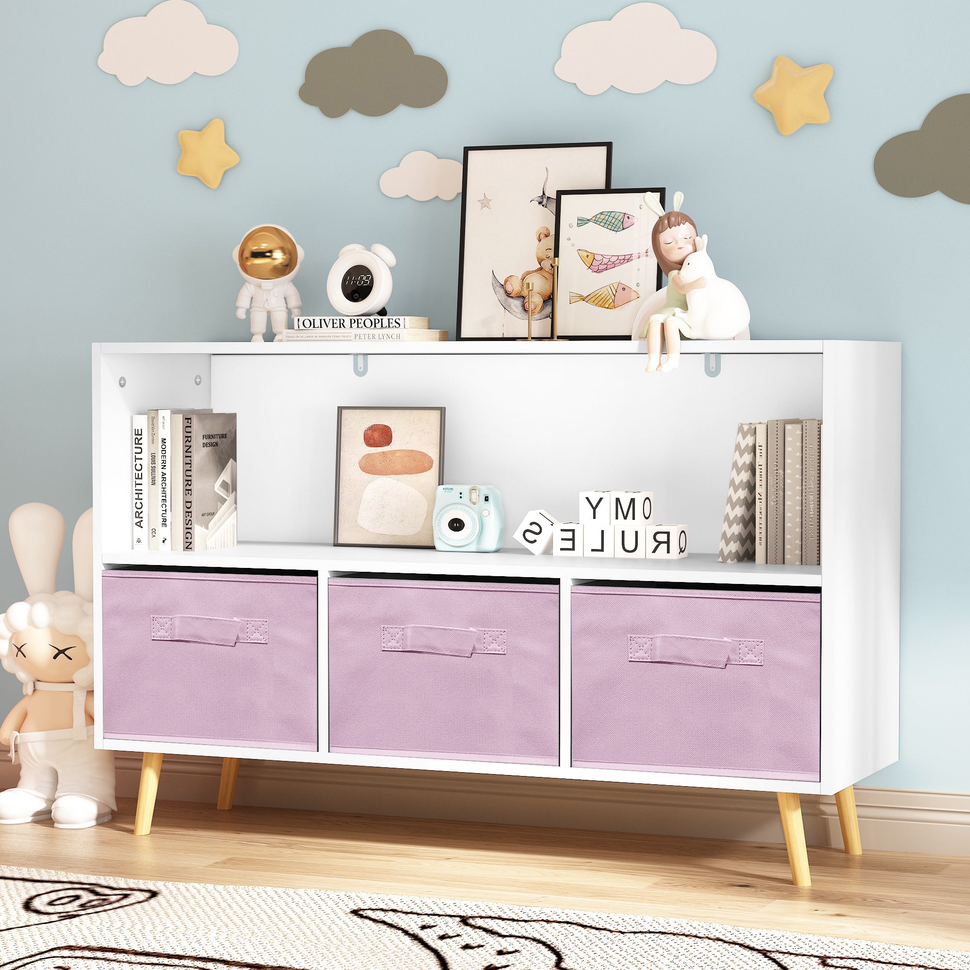 Modern Kids Bookcase with Collapsible Fabric Drawers, Children's Book Display & Toy Storage, White/Pink MDF & Pine Legs - Gra
