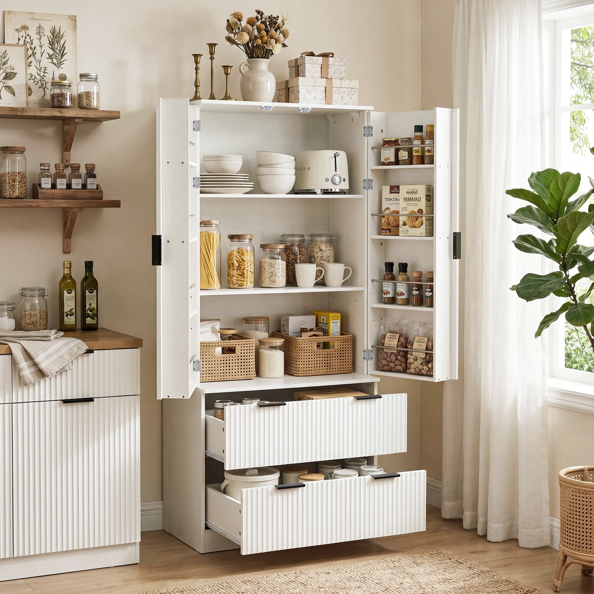 72' Modern Fluted Kitchen Pantry Cabinet with 2 Large Drawers & 8-Door Spice Rack, White MDF Freestanding Storage Organizer for Bathroom, Dining Room, Office, Entryway - Grand Goldman Shop