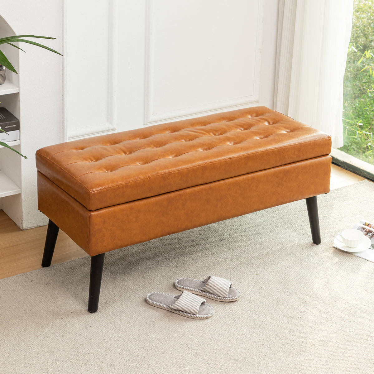 Storage Bench with Storage Bench for Bedroom End of Bed Bench Foot of Bed Bench Entryway Bench Storage Ottoman Bench 43.3' W x 17.7' Brown Leather Bench - Grand Goldman Shop