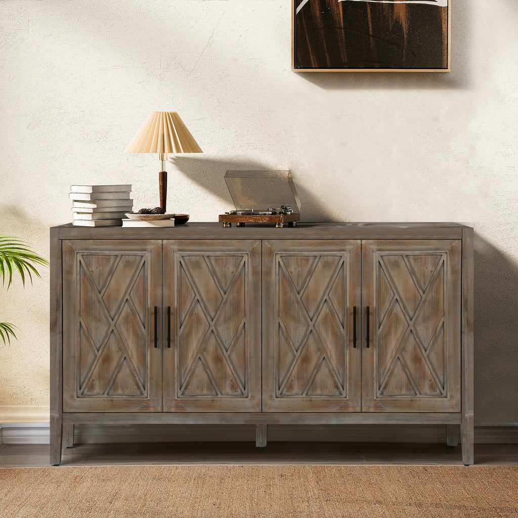 60 inches Modern Farmhouse Accent Cabinet with 4 Doors and Adjustable Shelf Wood Sideboard Buffet Cabinet Console Table Credenza Buffet Table for Kitchen Dining Room Entryway Hallway(Antique Brown) - Grand Goldman Shop