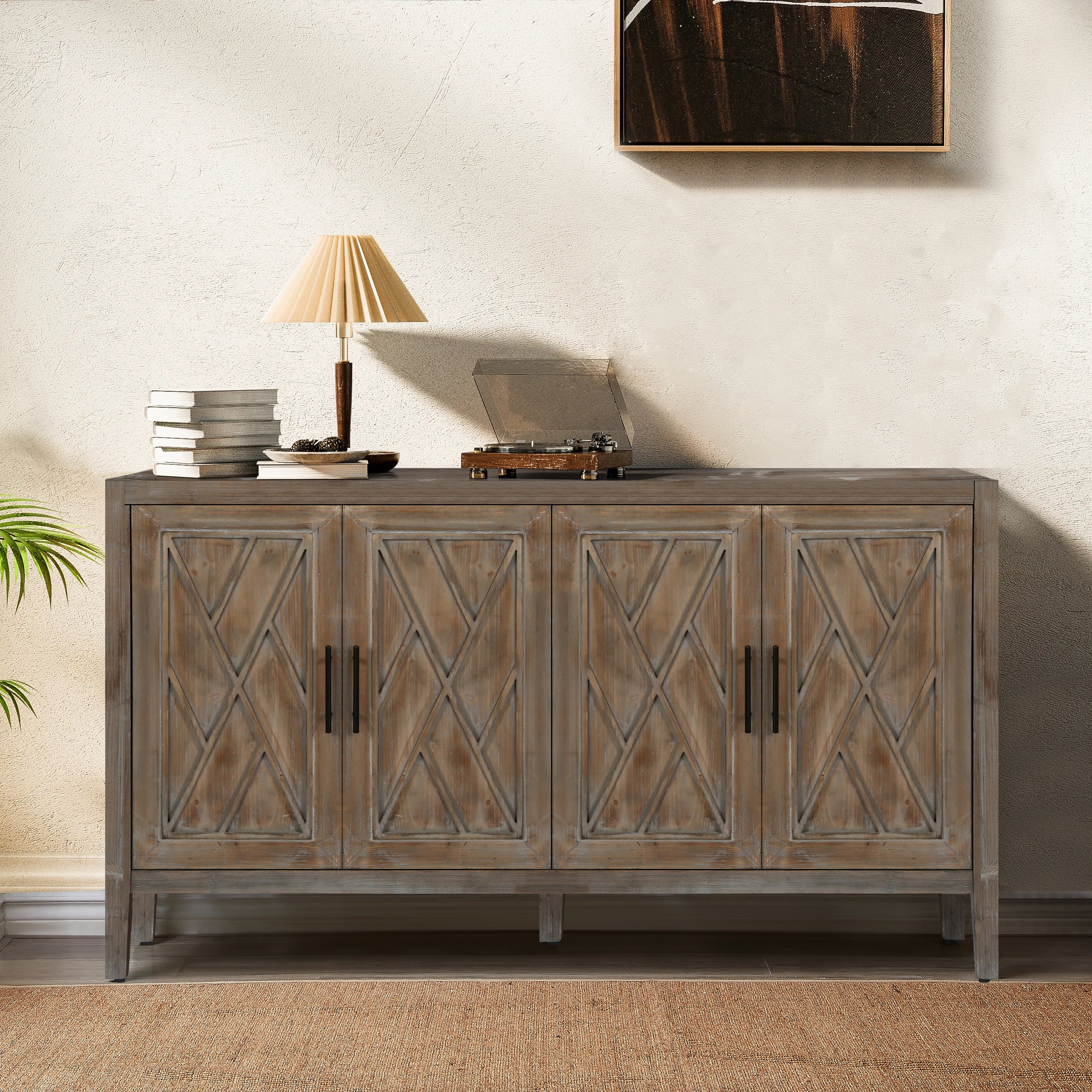 60 inches Modern Farmhouse Accent Cabinet with 4 Doors and Adjustable Shelf Wood Sideboard Buffet Cabinet Console Table Credenza Buffet Table for Kitchen Dining Room Entryway Hallway(Antique Brown) - Grand Goldman Shop