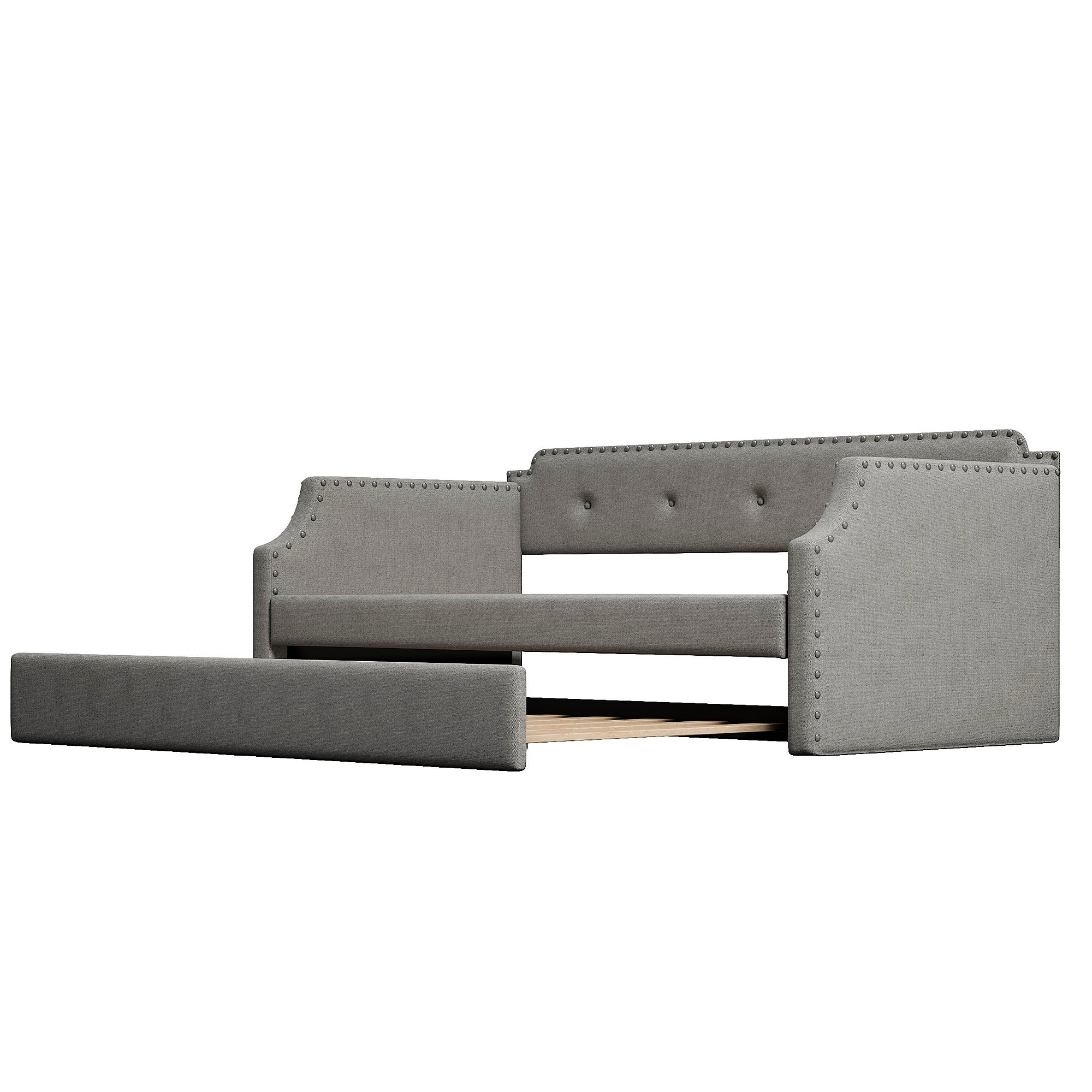 Gray Upholstered Daybed with Trundle, Twin, Wood Slat Support, Linen Fabric Frame Sofa Bed - Grand Goldman Shop