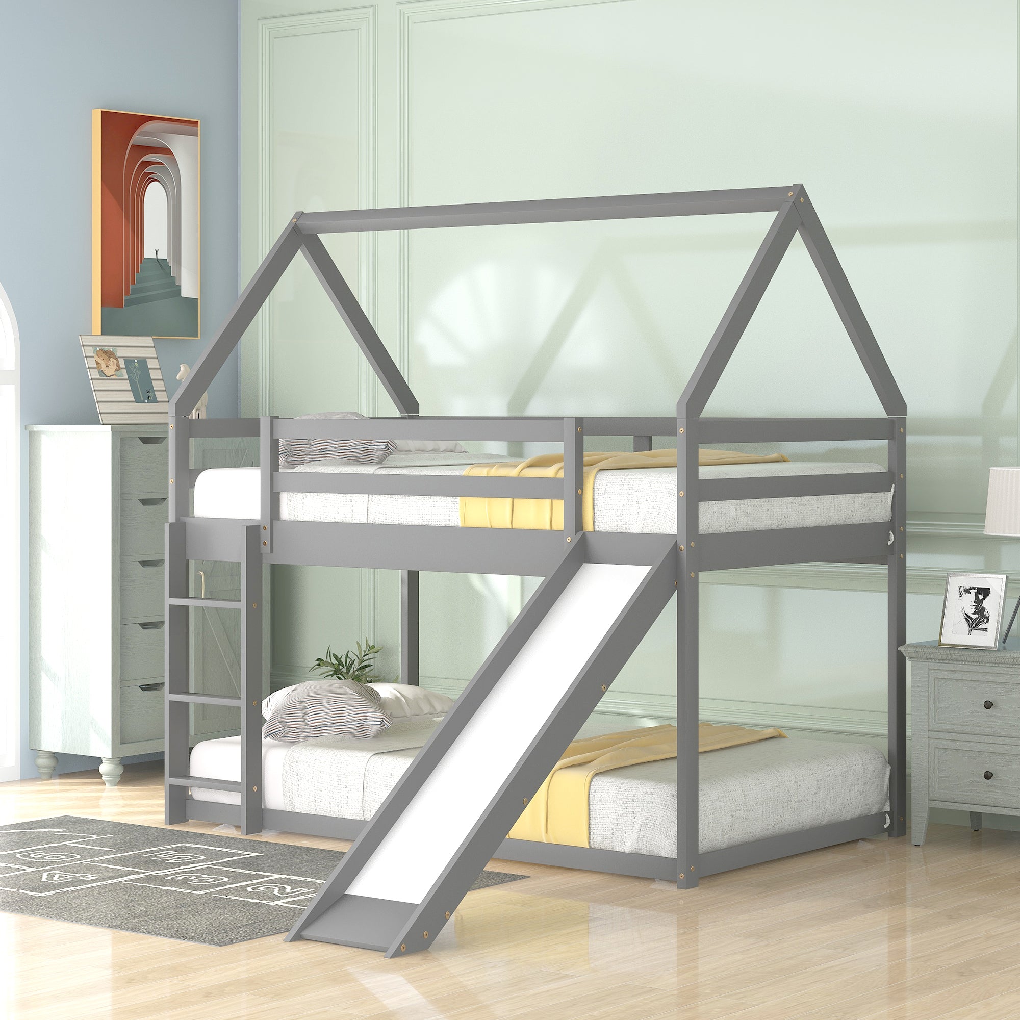 Gray House-Shape Twin Over Twin Bunk Bed with Slide and Ladder, Pine Wood and MDF, 77.4''L x 41.7''W x 70.9''H - Grand Goldman Shop