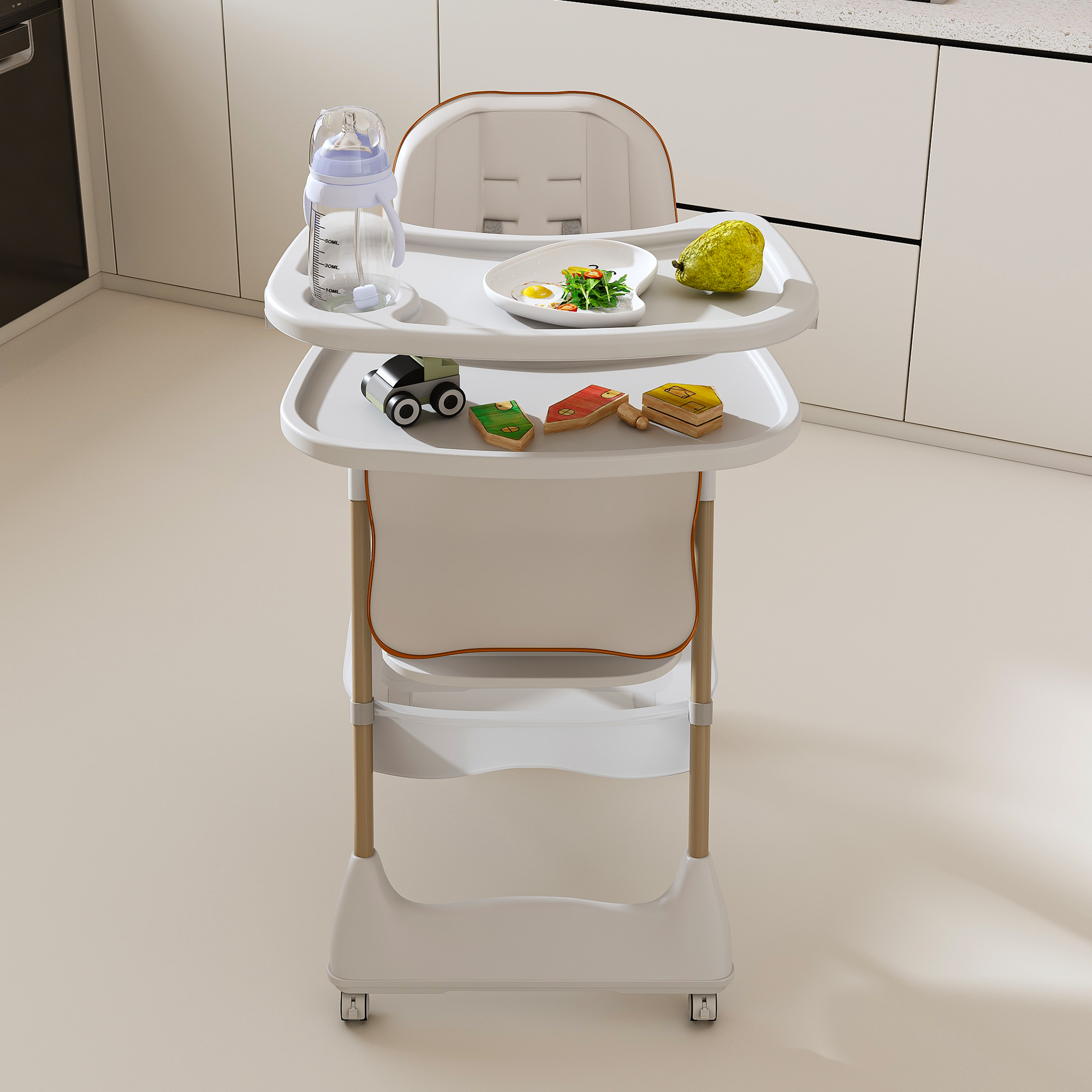Adjustable Baby High Chair 0-6 Years – Portable Infant Feeding Seat with Safety Belt, Silent Lockable Wheels, White - Grand Goldman Shop