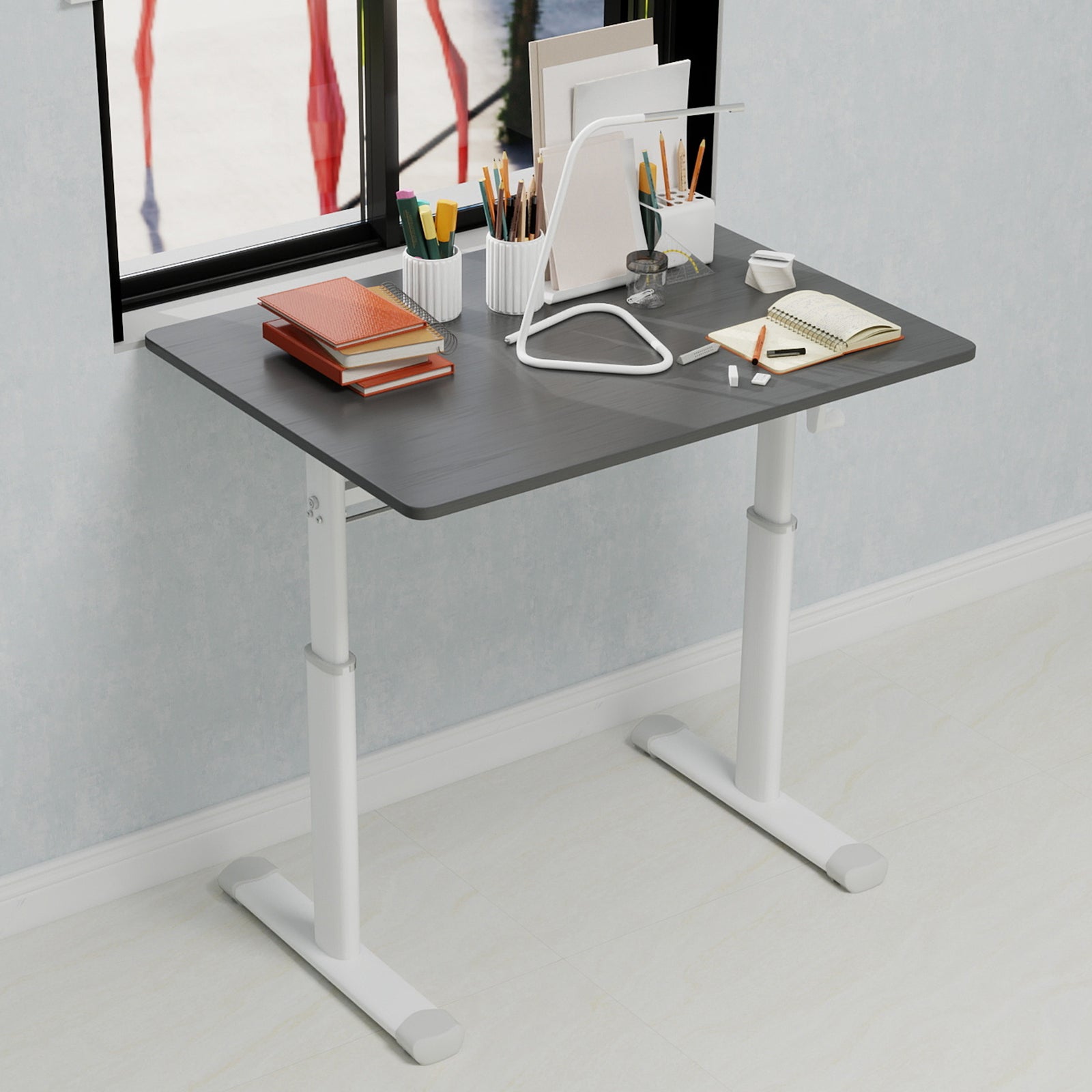 Adjustable Study Desk for Kids and Adults, Height-Adjustable Home Office Desk, White Frame with Gray Tabletop, 60cm x 80cm Co