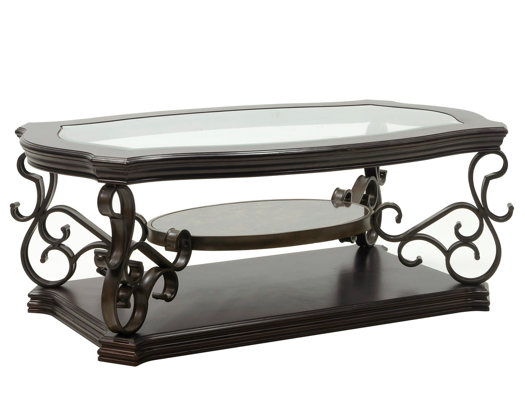 Cocktail Table, Glass table top, MDF W/marble paper middle shelf, powder coat finish metal legs. (52'Lx32'Wx20.3'H) - Grand Goldman Shop