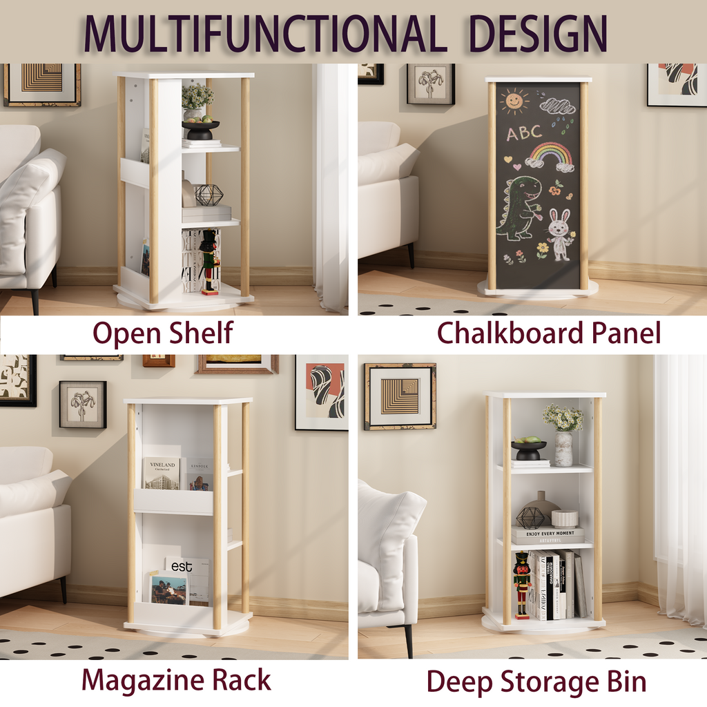 360° Rotating Kids Bookshelf with Chalkboard, 3-Tier Wood Floor Revolving Bookcase & Toy Storage Organizer, Picture Book Disp