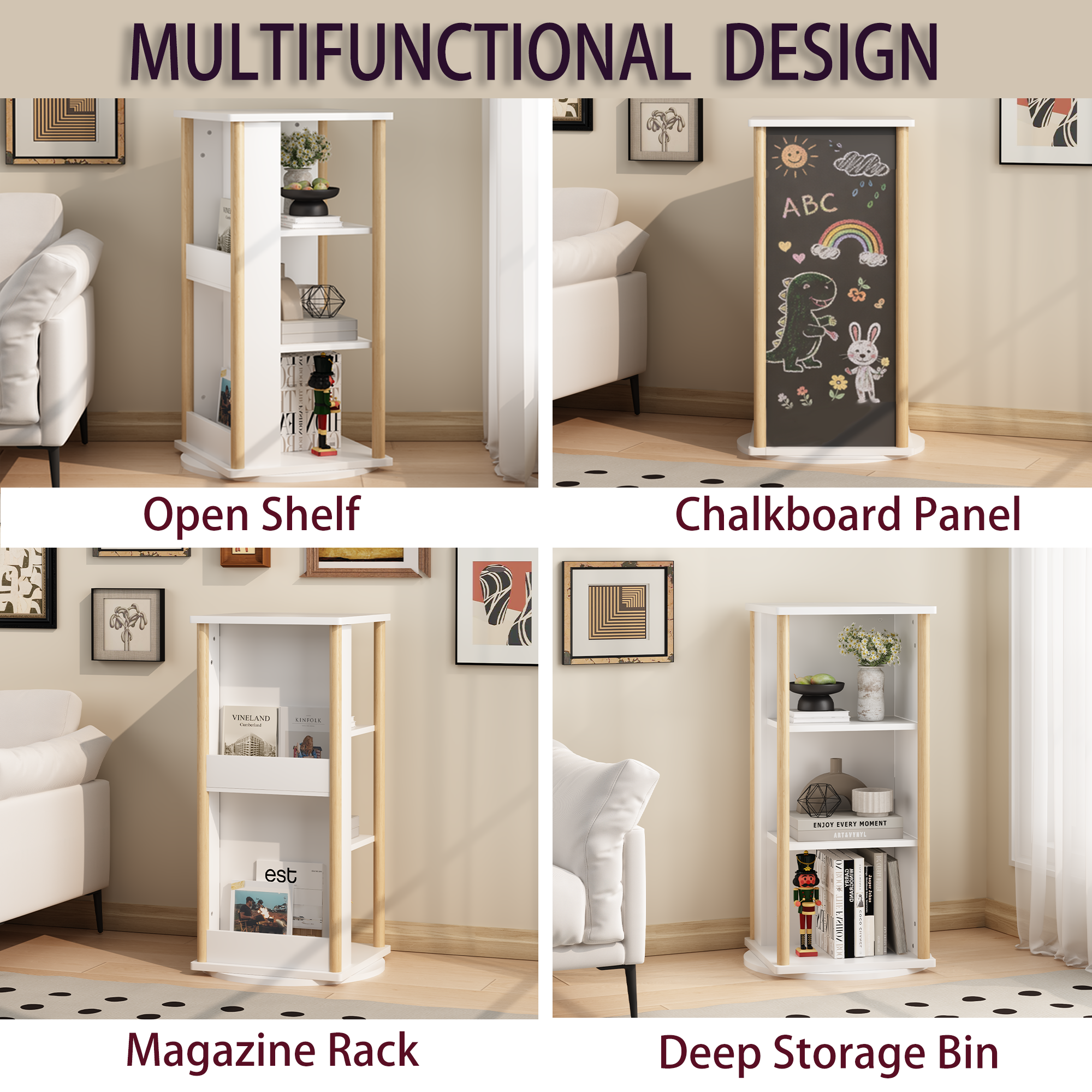 360° Rotating Kids Bookshelf with Chalkboard, 3-Tier Wood Floor Revolving Bookcase & Toy Storage Organizer, Picture Book Disp