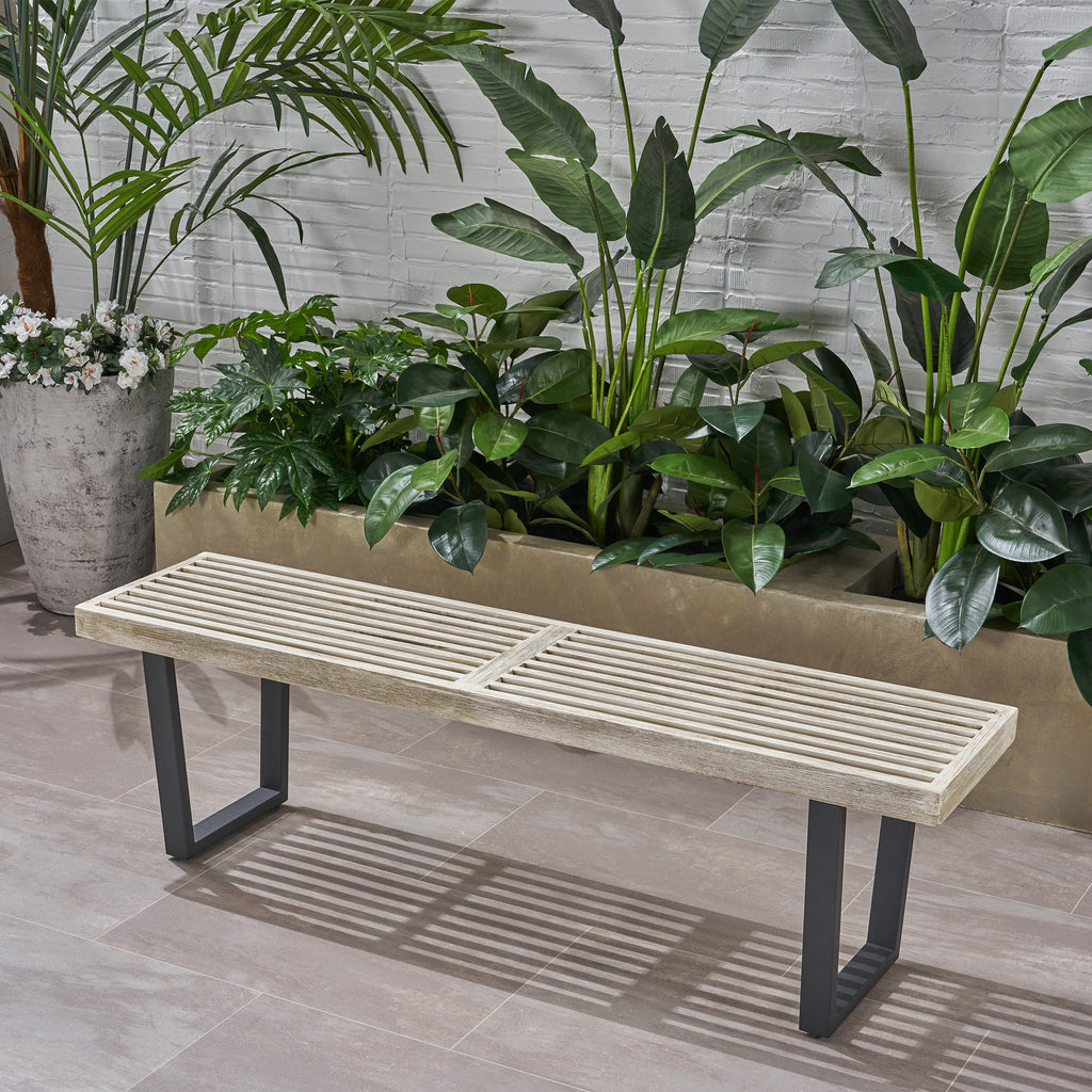 Intrinsic Outdoor Dining Bench with Iron Legs and Slat Top, Black+ Gray - Grand Goldman Shop