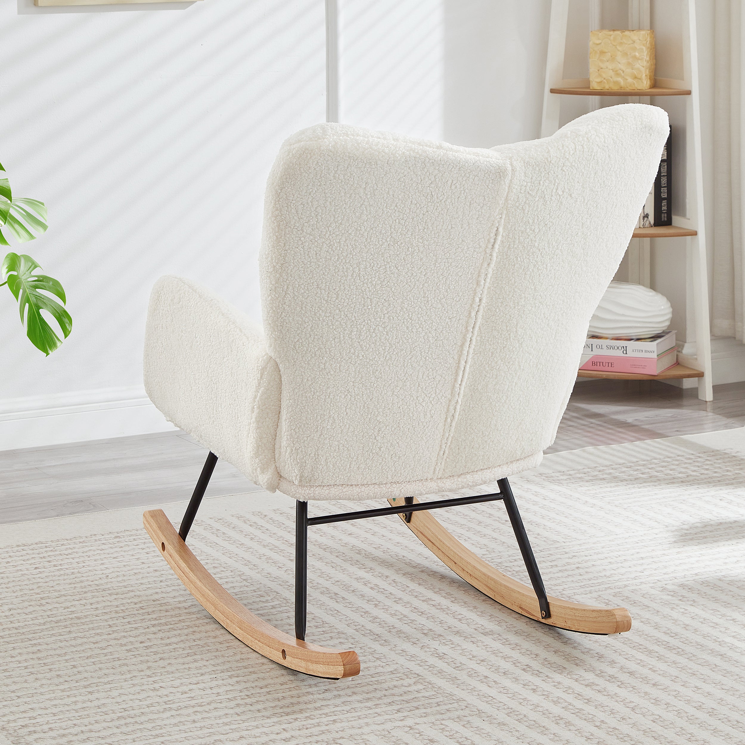 Glider Chair for Living Room Tufted Upholstered Teddy Fabric Rocking Chair with Metal Frame Accent Chair Ivory White - Grand Goldman Shop