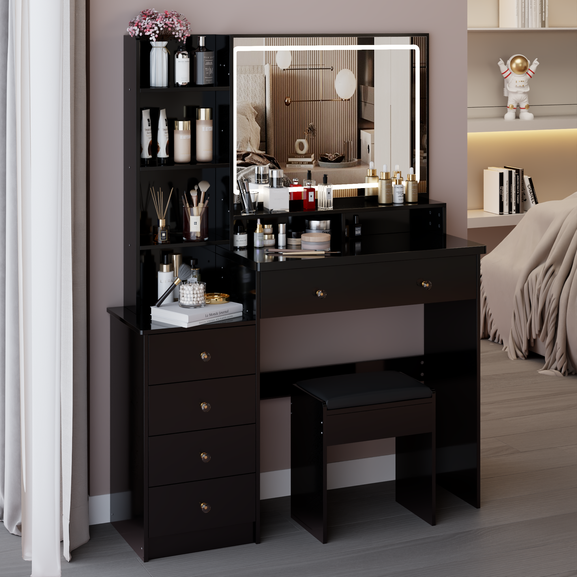 41' Large Sized Bedside Cabinet Vanity Table + Cushioned Stool, Extra Large Touch Control LED Mirror, 3-color Switch, Multi Layer High Capacity Storage Fashionable Dresser, EPA, GCC, UL Certificate - Grand Goldman Shop