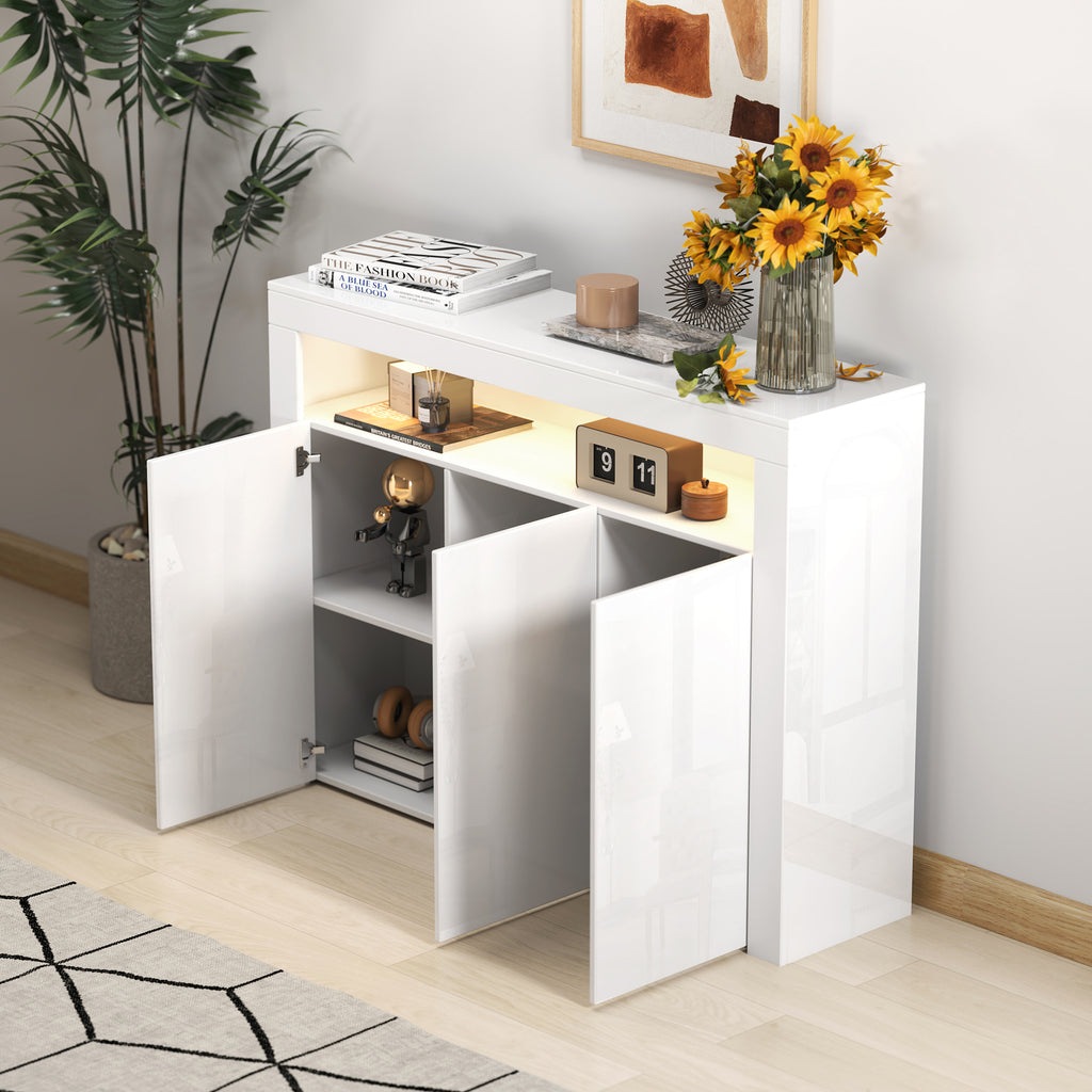 Living Room Sideboard Storage Cabinet WHITE  High Gloss with LED Light, Modern Kitchen Unit Cupboard Buffet Wooden Storage Display Cabinet TV Stand with 3 Doors for Hallway Dining Room - Grand Goldman Shop