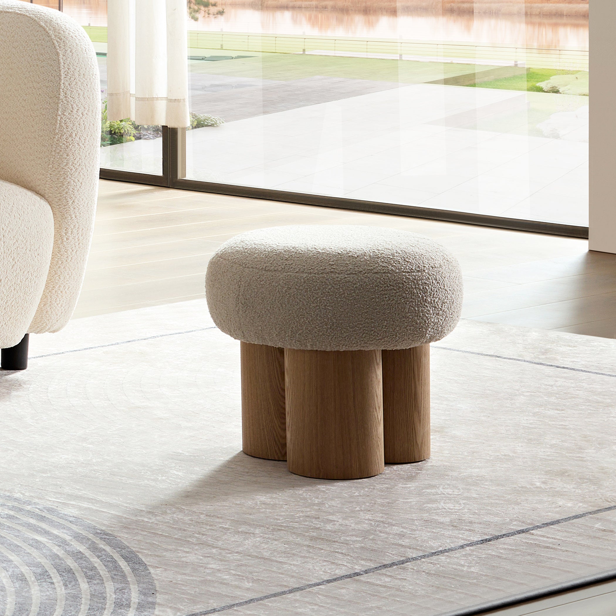 W8017-1 Mushroom Stool with Greige Plush Cushion, Wooden Barrel PVC Pipe, Walnut Finish - Grand Goldman Shop