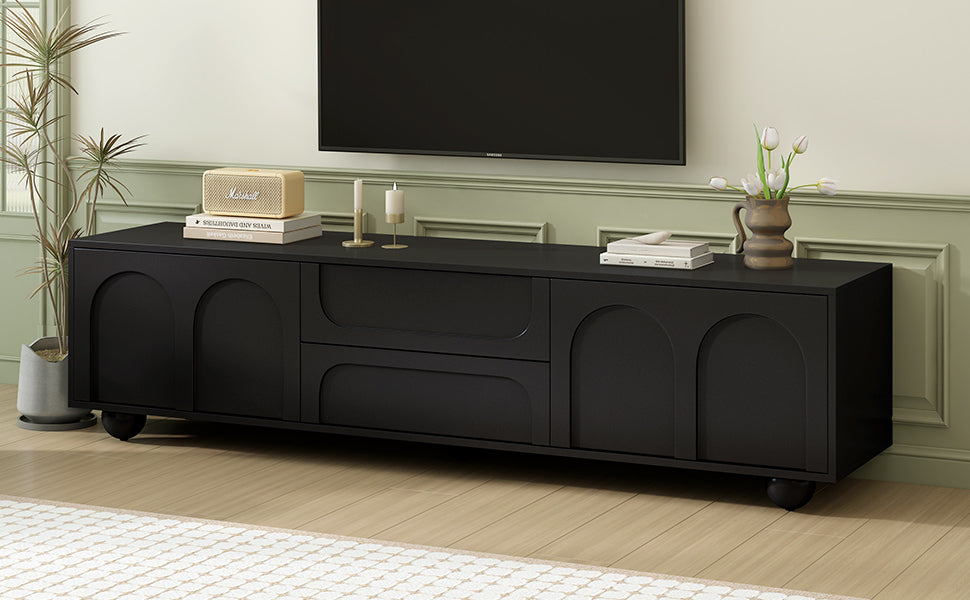 ON-TREND Cream Style TV Stand with Arched Doors & 2 Drawers for TVs up to 75', Minimalist Media Console with Rebound Device, Entertainment Center with 5 Iron Round Legs for Living Room, Bedroom, Black - Grand Goldman Shop