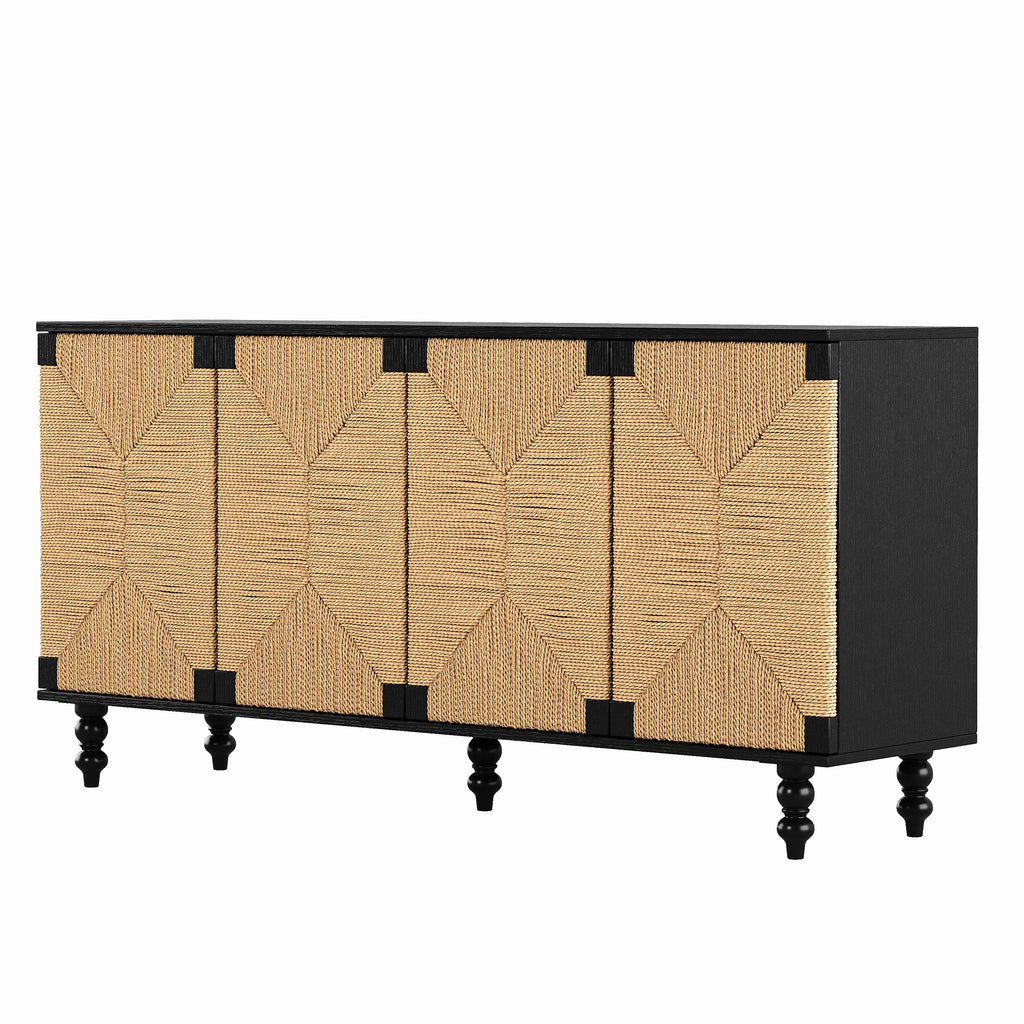 Accent Natural Sideboard Buffet Cabinet Storage Wood TV Stand in Wire-Brushed and Seagrass Doors Sideboard, for Hallway, Entryway or Dining Room - Grand Goldman Shop