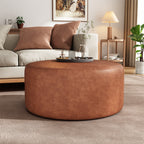 Upholstered Round Ottoman,PU Leather, Cognac Brown - Grand Goldman Shop