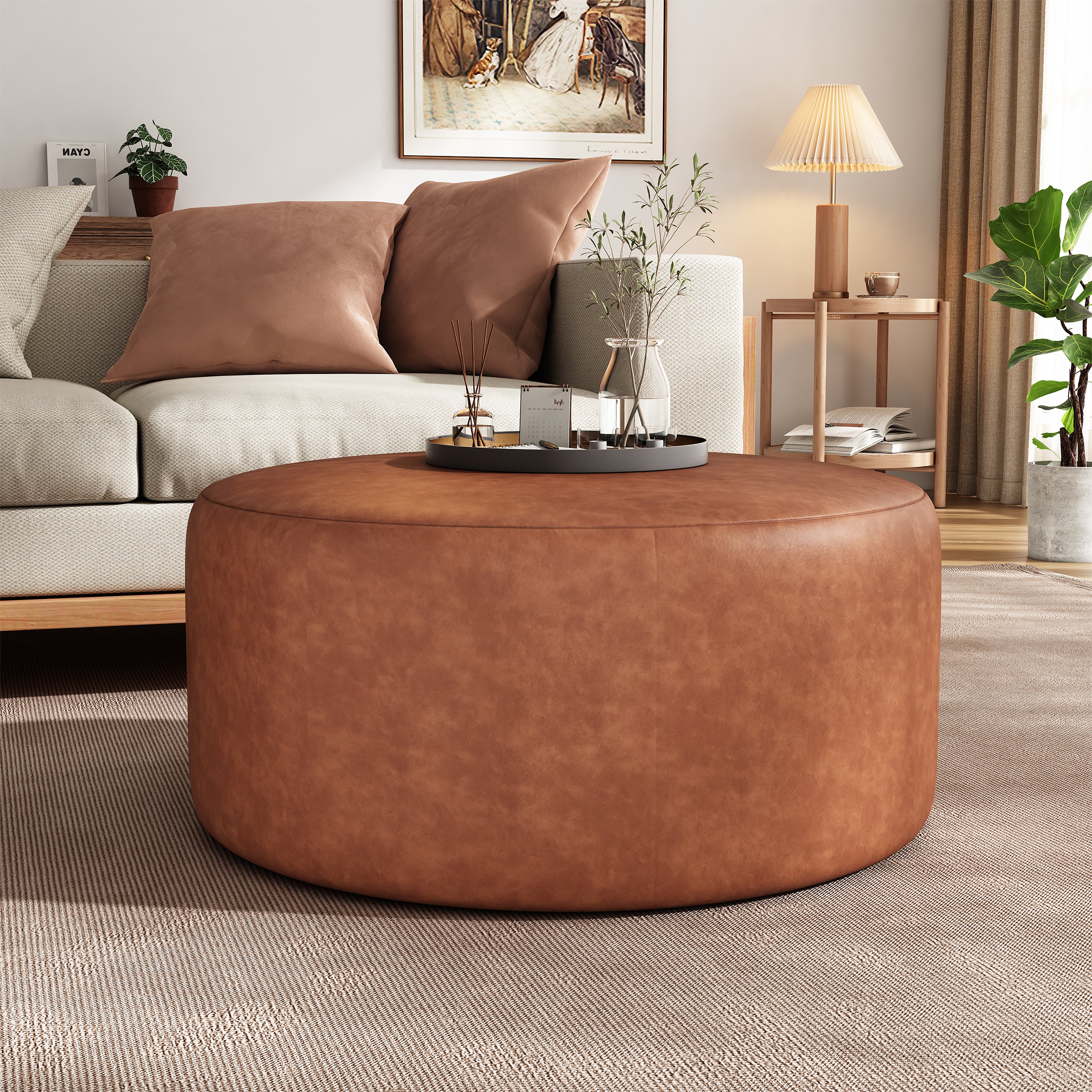 Upholstered Round Ottoman,PU Leather, Cognac Brown - Grand Goldman Shop