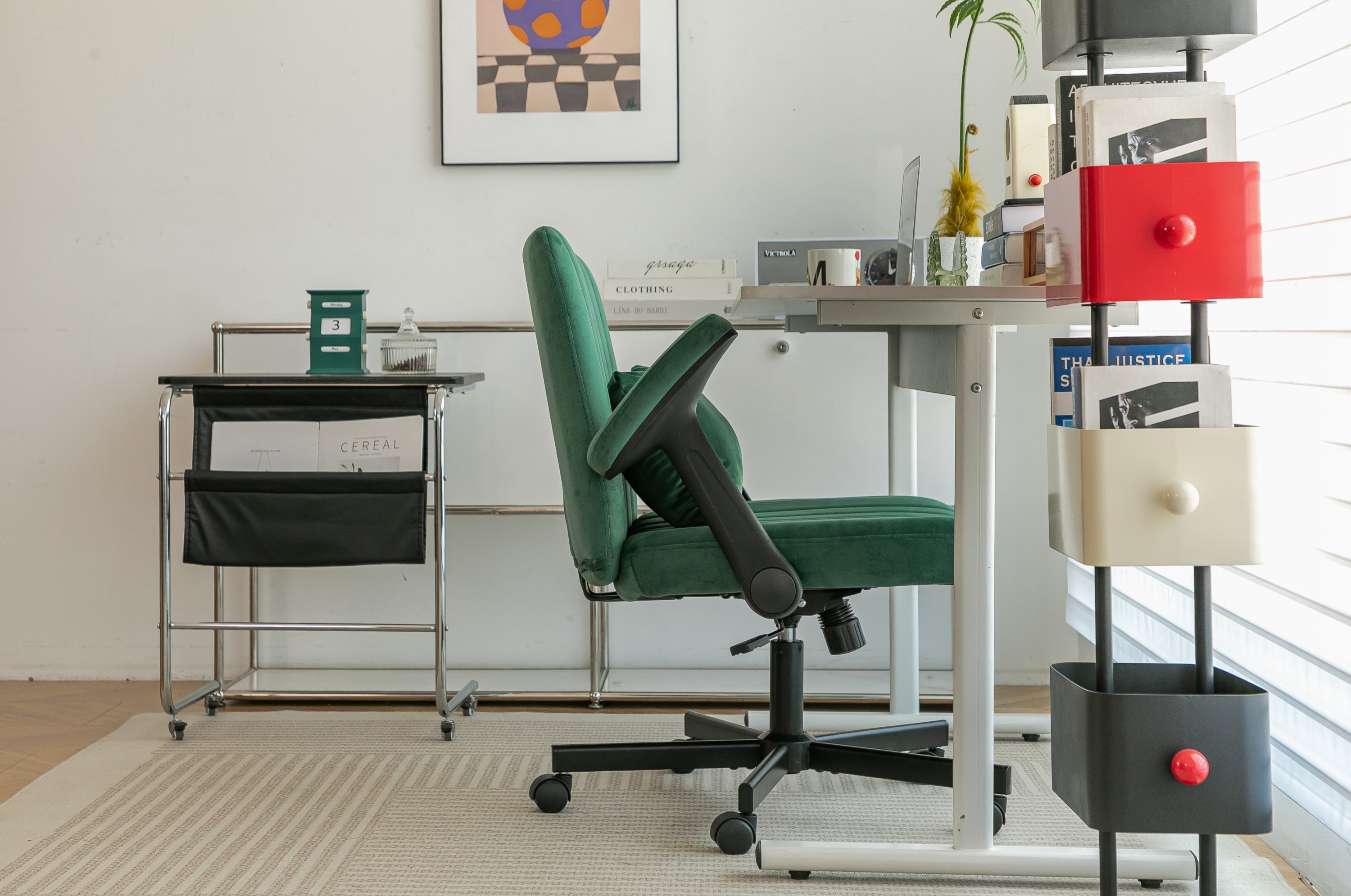 Green Velvet Criss Cross Armrest Office Chair with Wheels - Modern for Home Office, Meditation & Creative Work - Grand Goldma