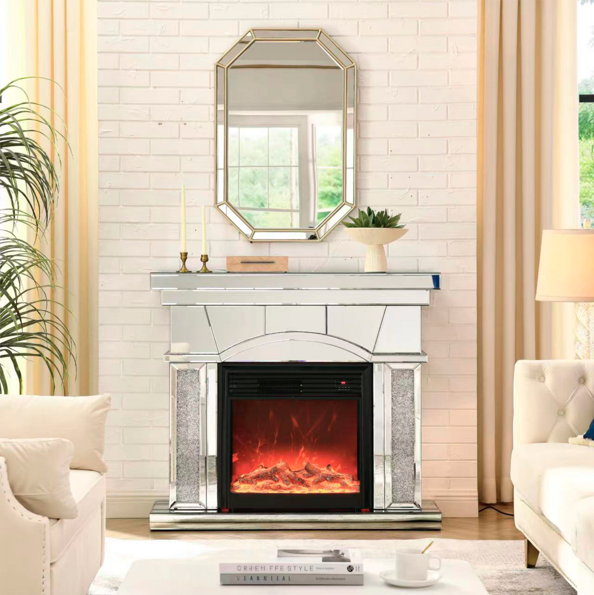 W 46' X D 12.5' X H 41' Dome door acrylic mirror fireplace cabinet, TV fireplace cabinet - Grand Goldman Shop