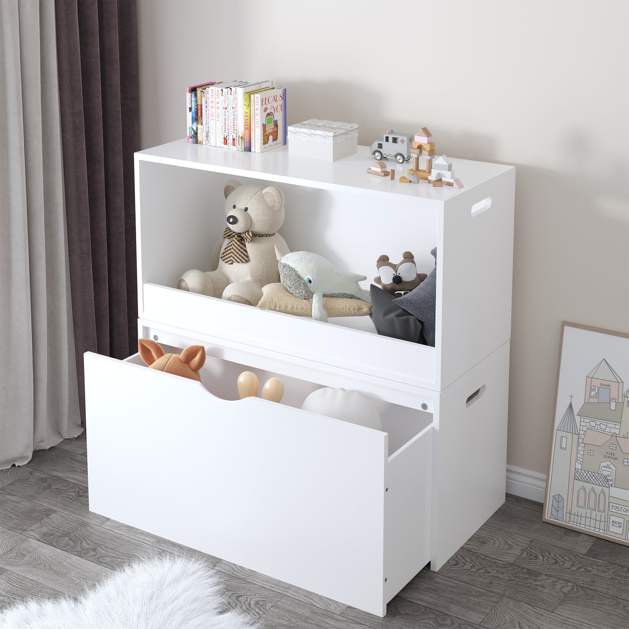 Open Toy Storage Box for Kids, White Wooden Organizer Bin for Plush Toys, Books, Nursery or Playroom Use | Premium Home Decor