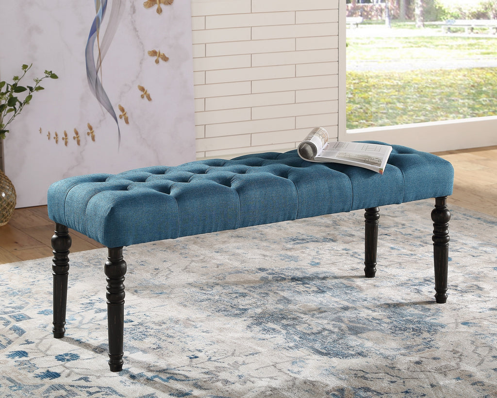 Leviton Fabric Tufted Turned Leg  Dining Bench, Blue - Grand Goldman Shop