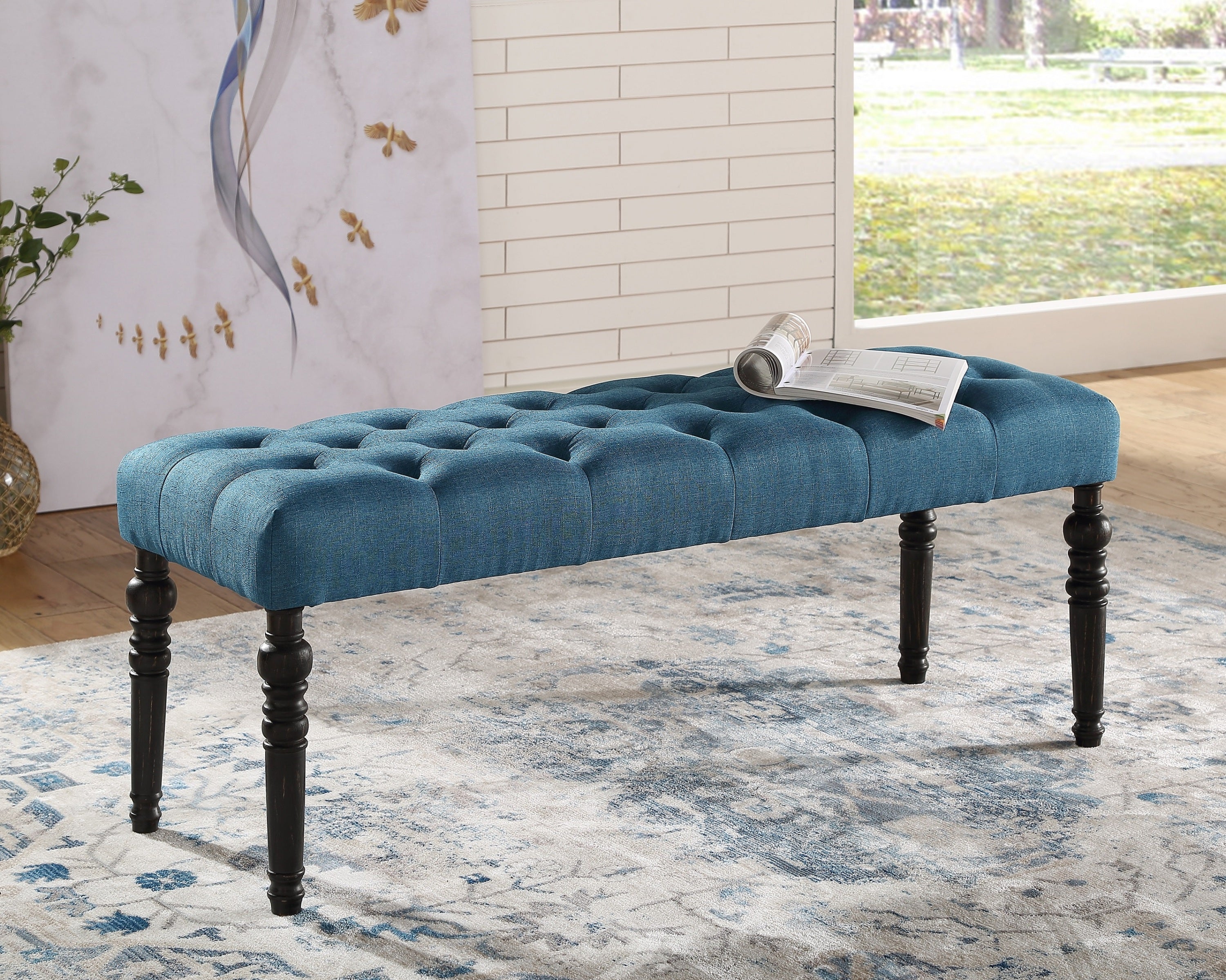 Leviton Fabric Tufted Turned Leg  Dining Bench, Blue - Grand Goldman Shop