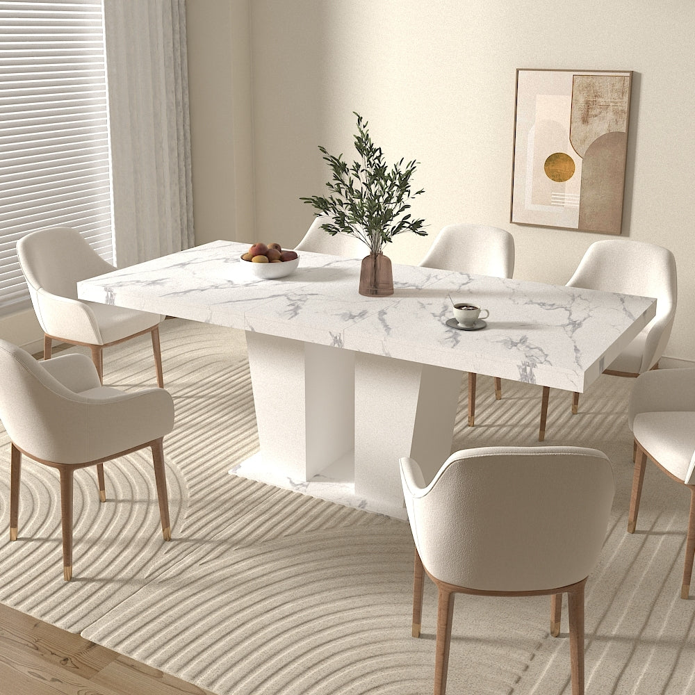 Extendable Dining Room Table for 6-10 Modern White Faux Marble Wooden Expandable Kitchen Table w/Dual Column Pedestal Base, Large Rectangle Dining Table - Grand Goldman Shop