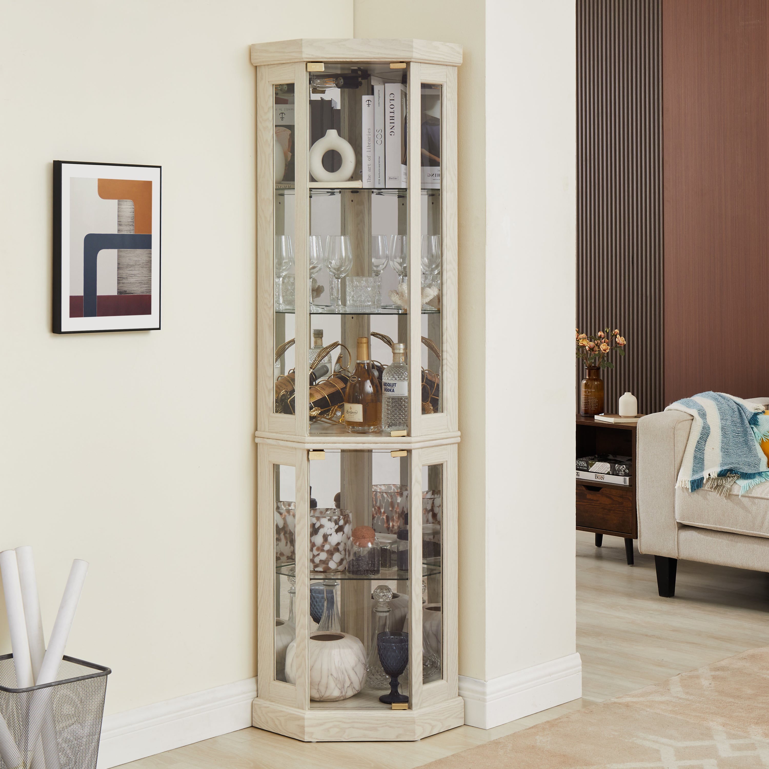 Corner Glass Cabinet Lighted Curio Cabinet Corner Display Case for Living Room, Curio Cabinet, Antique collection, Wine,Bar Glass Storage Light Included, Antique White - Grand Goldman Shop