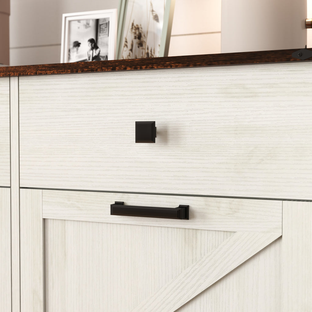 Farmhouse Barn Door Style Double Tilt Out Trash Cabinet for 20 Gallon Cans with Free Standing Recycling and Laundry Storage, Antique White & Brown Woodgrain - Grand Goldman Shop