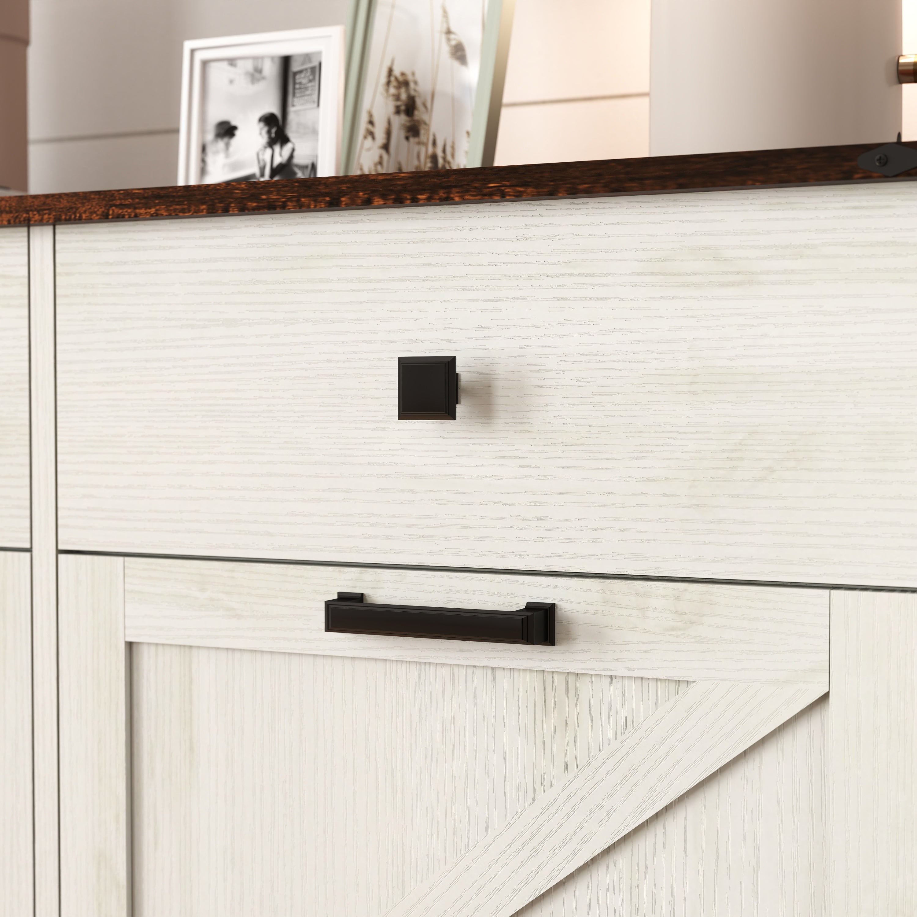 Farmhouse Barn Door Style Double Tilt Out Trash Cabinet for 20 Gallon Cans with Free Standing Recycling and Laundry Storage, Antique White & Brown Woodgrain - Grand Goldman Shop