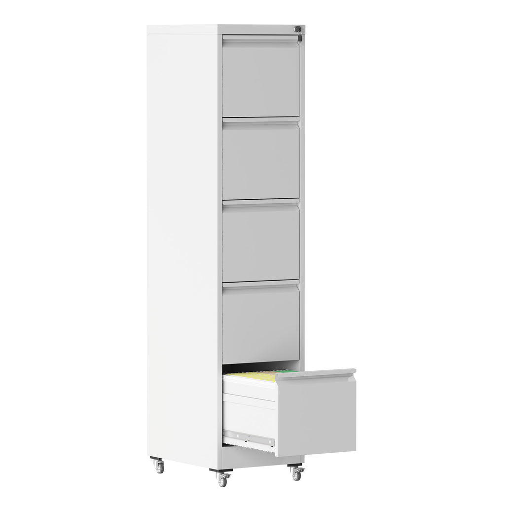 Heavy Duty 5 Drawer Metal Vertical File Cabinet with Lock and Wheels for Home Office, White, 17.72'D x 14.96'W x 64.21'H - Gr