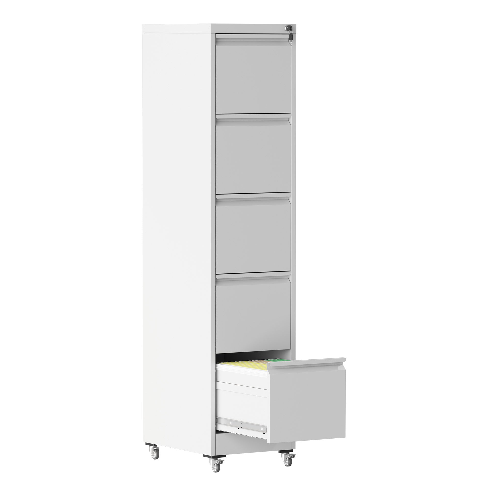 Heavy Duty 5 Drawer Metal Vertical File Cabinet with Lock and Wheels for Home Office, White, 17.72'D x 14.96'W x 64.21'H - Gr