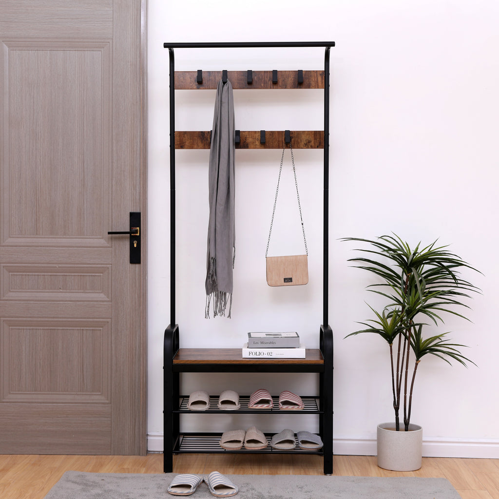 Coat Rack, Hall Tree with Shoe Bench for Entryway, Entryway Bench with Coat Rack, 4-in-1, with 9 Removable Hooks, a Hanging Rod, 13.8 x 25.2 x 72.8 Inches, Rustic Brown and Black - Grand Goldman Shop
