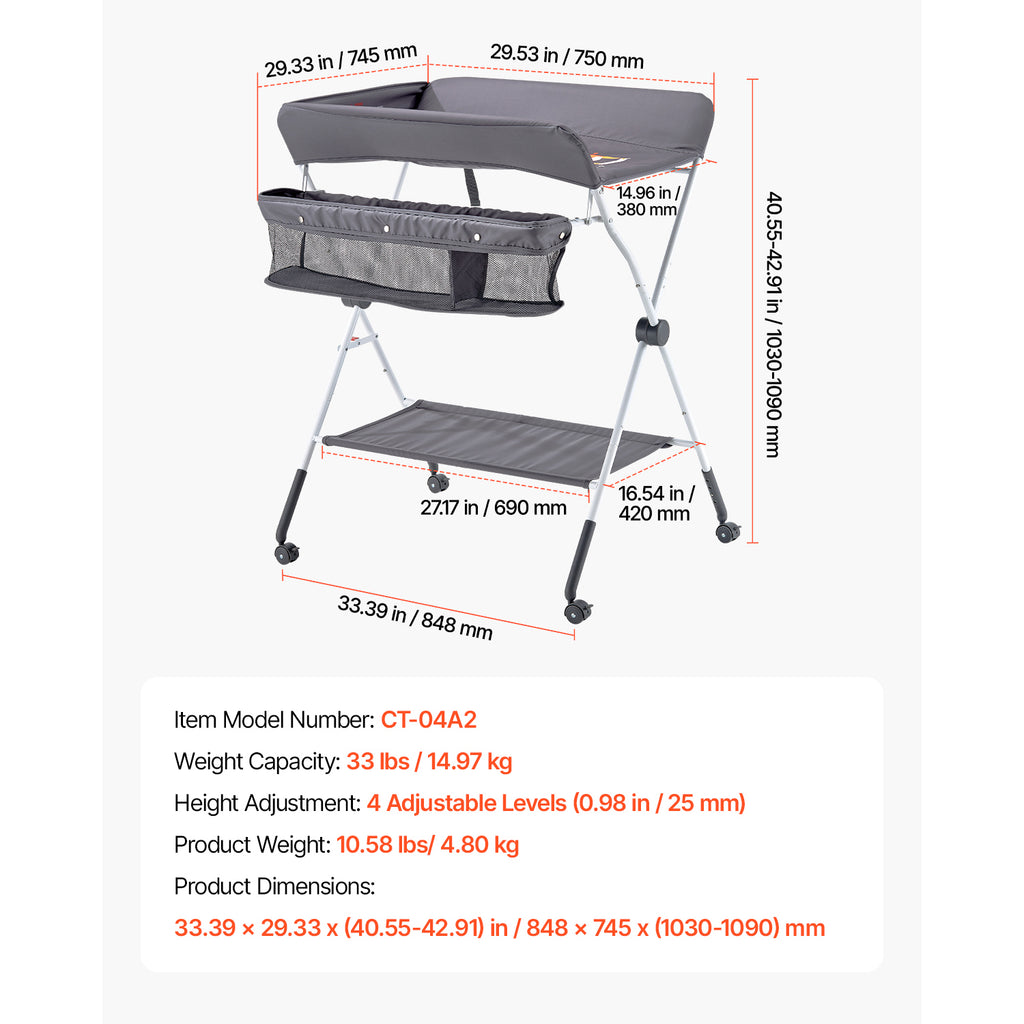 Foldable Baby Changing Diaper Station with Side Basket & Wheels Dark Gray | Premium Home Decor - Grand Goldman