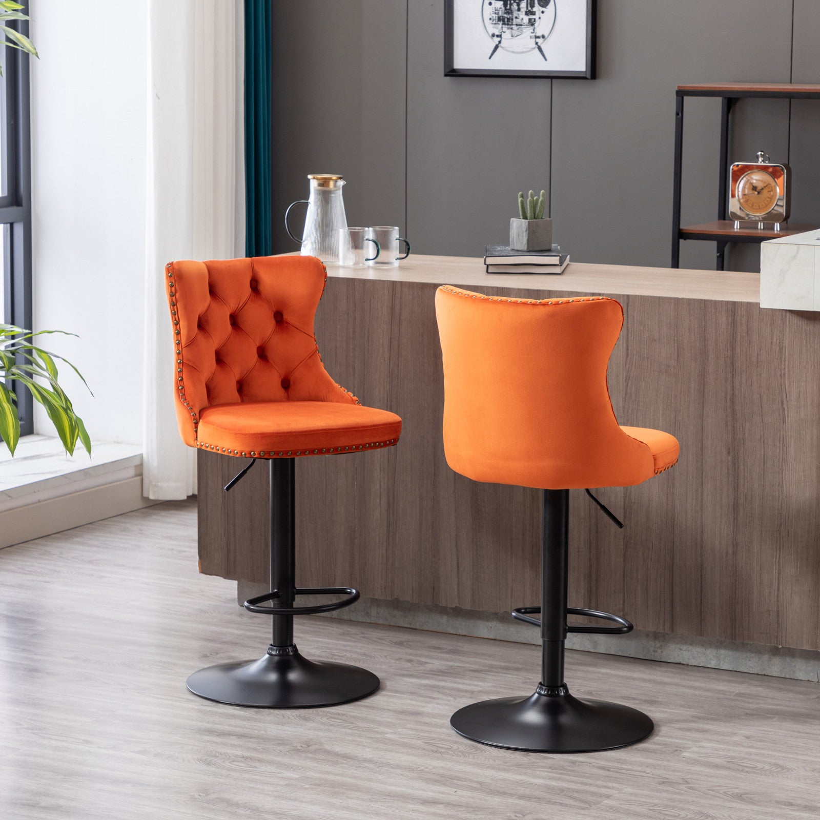 A&A Furniture,Swivel Velvet Barstools Adjusatble Seat Height from 25-33 Inch,17.7inch base, Modern Upholstered Bar Stools with Backs Comfortable Tufted for Home Pub and Kitchen Island,Orange,Set of 2 - Grand Goldman Shop