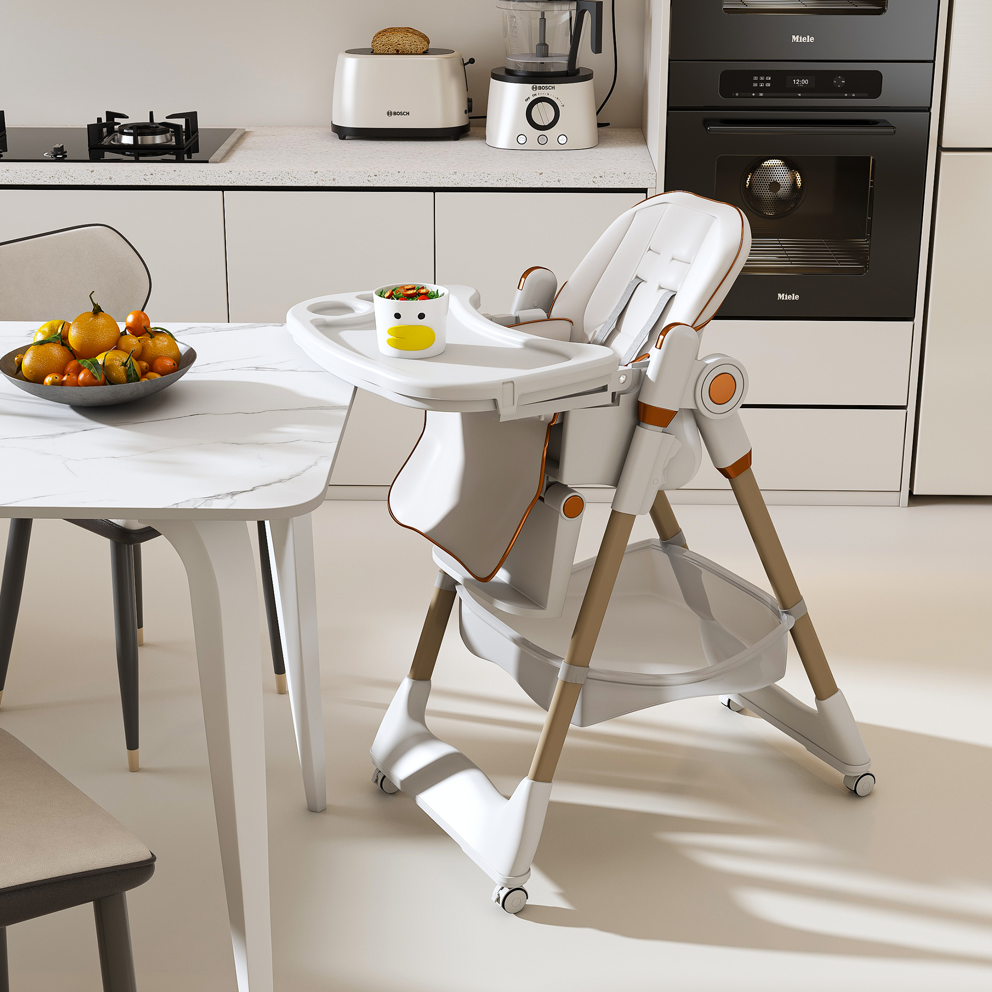 Adjustable Baby High Chair 0-6 Years – Portable Infant Feeding Seat with Safety Belt, Silent Lockable Wheels, White - Grand Goldman Shop