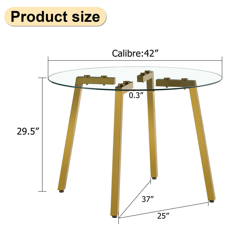 Modern minimalist style circular transparent tempered glass table, tempered glass tabletop, golden metal legs, suitable for kitchen, dining room, and living room, 42 '* 42' * 29.5 '1123r - Grand Goldman Shop