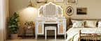 44.37 ' Makeup Vanity Desk with 13 Hollywood Bulbs and 3 Lighting Modes, Dressing Table with Tri-Fold Mirror   Large Vanity Table with 5 Drawers and Shelves and  Charging Station for Bedroom, White - Grand Goldman Shop