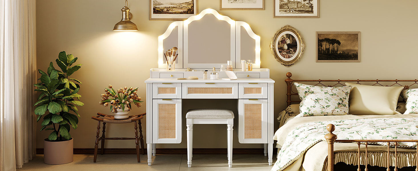 44.37 ' Makeup Vanity Desk with 13 Hollywood Bulbs and 3 Lighting Modes, Dressing Table with Tri-Fold Mirror   Large Vanity Table with 5 Drawers and Shelves and  Charging Station for Bedroom, White - Grand Goldman Shop