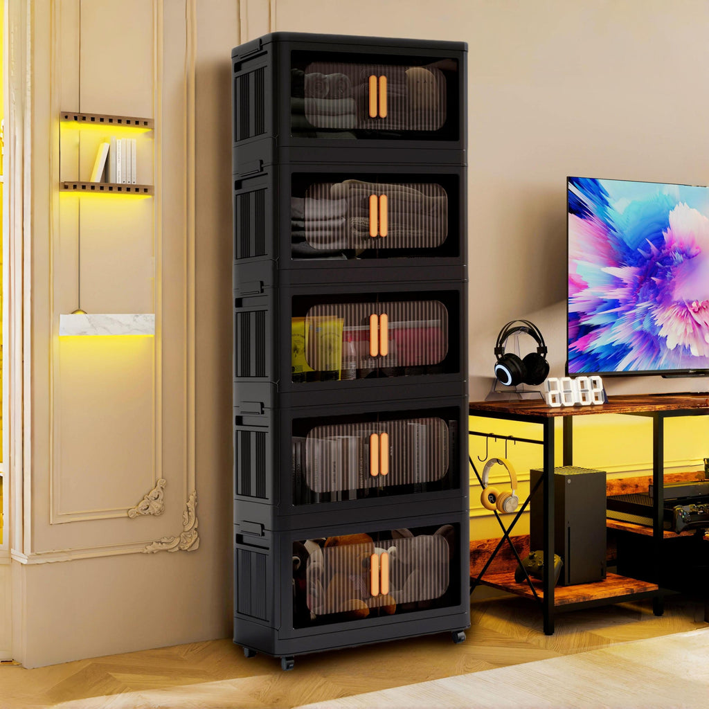 Black,20' Side Wide Folding Storage Cabinet ,5 Tiers,19.69'×11.81'×50.00',Collapsible Storage Bins with Magnetic Door, Plastic Storage Cabinet with Wheels - Grand Goldman Shop