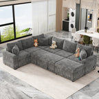 Modern Sectional Sofa Pull-out Sleeper with Storage Ottoman, USB Charging, Grey Tweed Chenille, 112.2' - Grand Goldman Shop