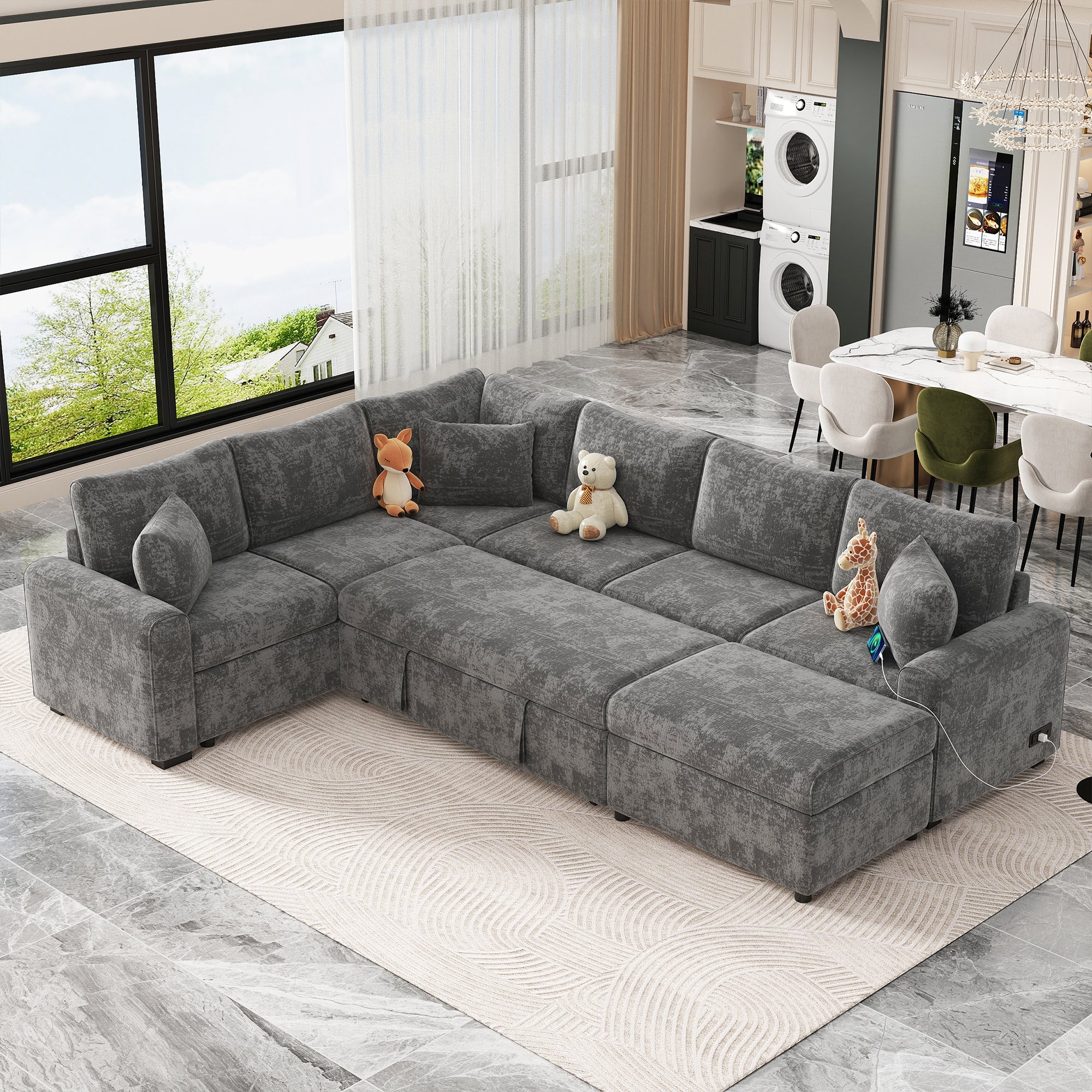 Modern Sectional Sofa Pull-out Sleeper with Storage Ottoman, USB Charging, Grey Tweed Chenille, 112.2' - Grand Goldman Shop