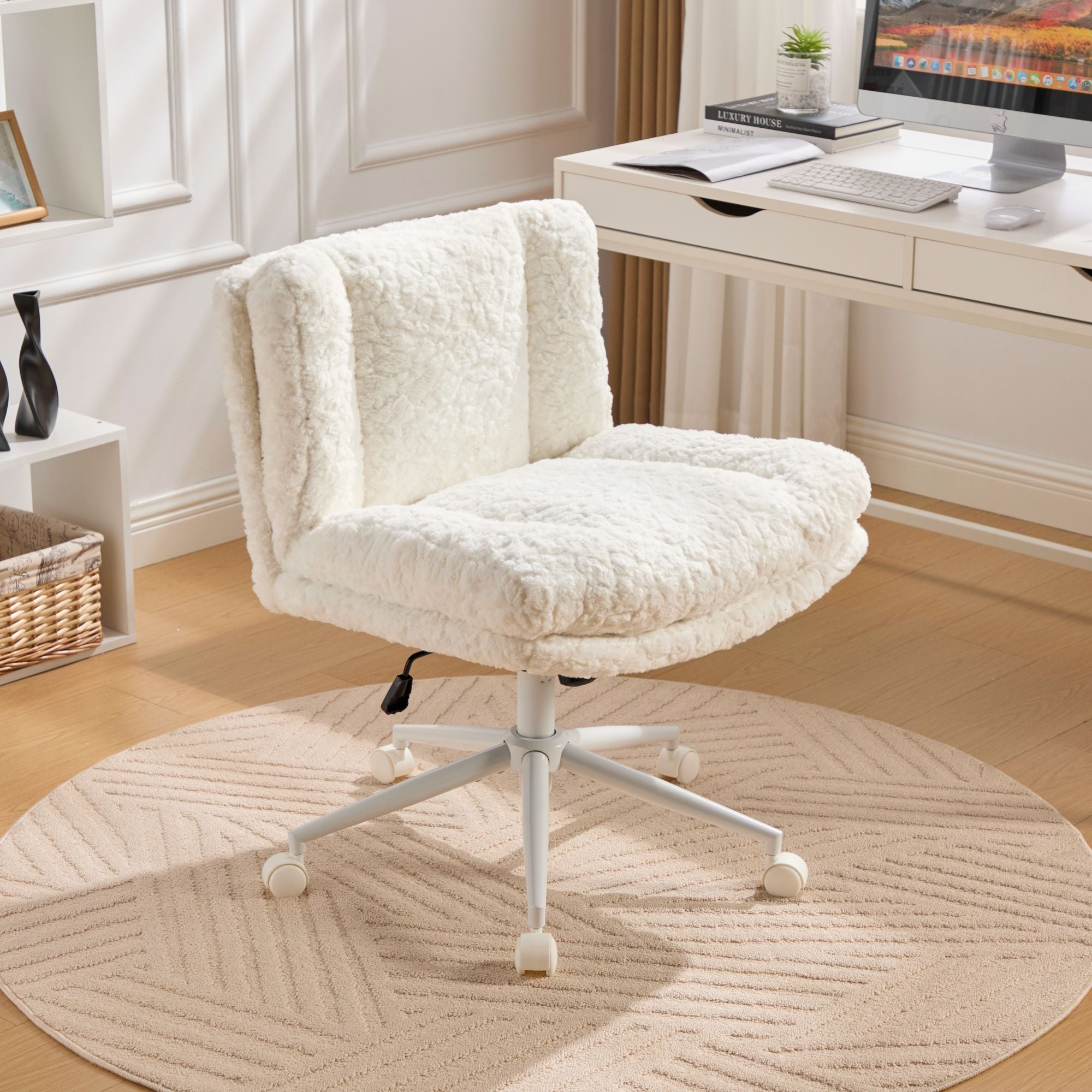 W26.4 inch  Wider Seat Office Chair,Artificial rabbit hair Home Office Chair with Metal Base,Adjustable Desk Chair Swivel Off