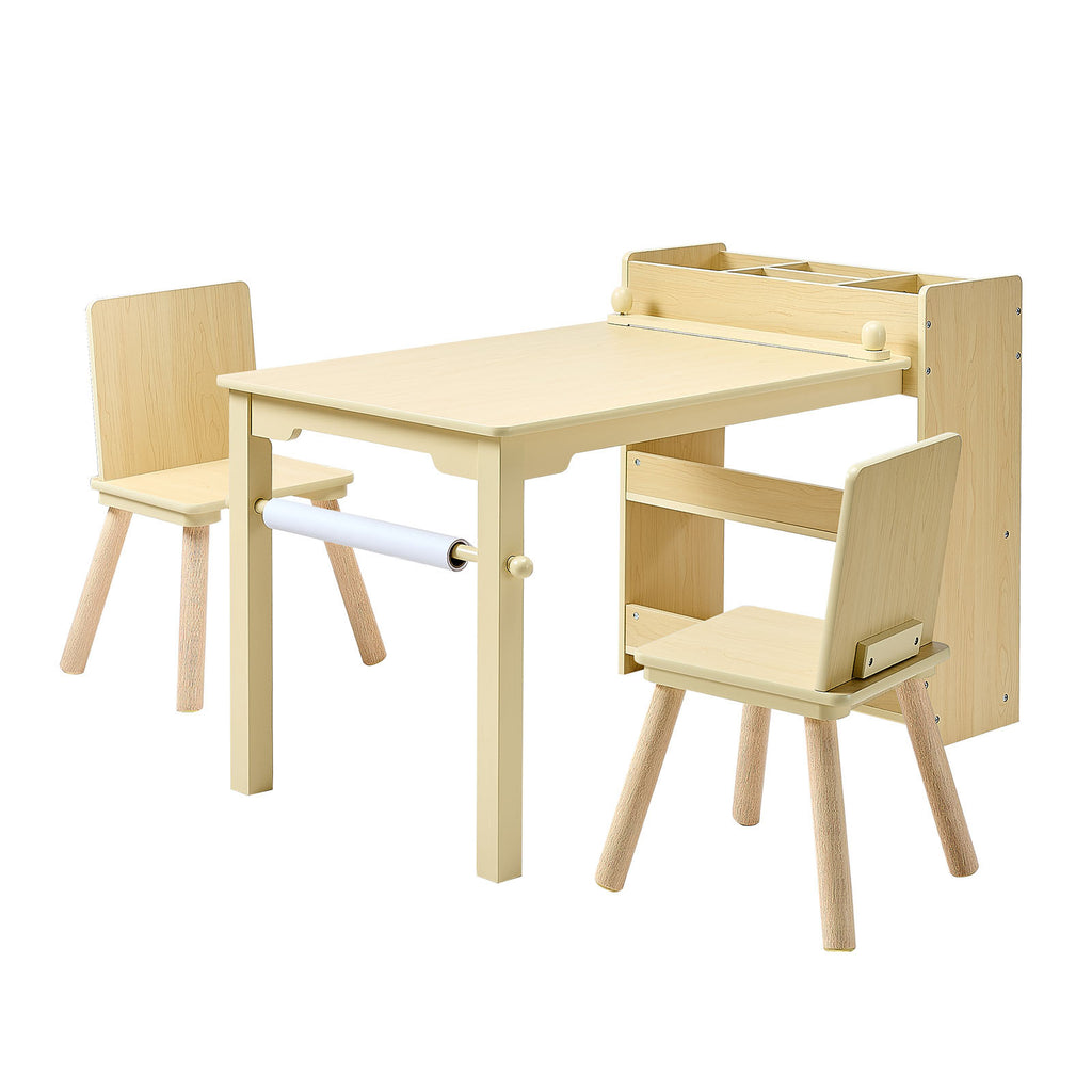 Kids Art Table and Chair Set, Toddler Craft Table with 3 Tiers Storage Cabinet, Wooden Kids Activity Play Desk with 2 Chairs,