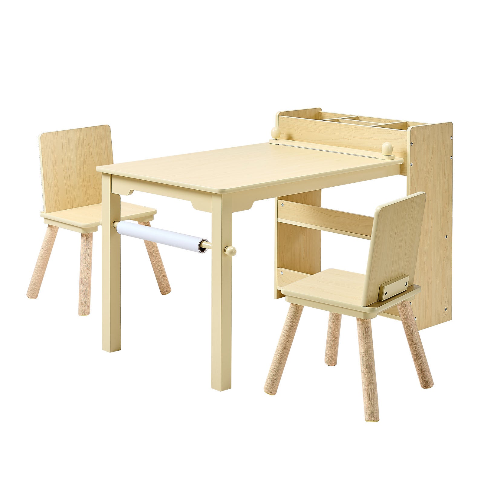 Kids Art Table and Chair Set, Toddler Craft Table with 3 Tiers Storage Cabinet, Wooden Kids Activity Play Desk with 2 Chairs,