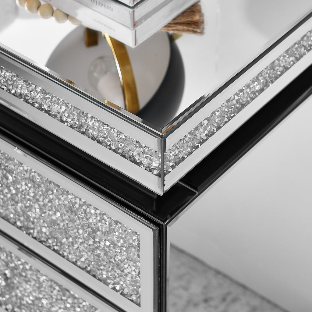 Mirrored Nightstand with 3 Drawers, Silver Nightstand with Crystal Inlay, Mirror End Table, Modern Bedside Table, Glass Table for Bedroom, 13.8''W x 17.7' L x 23.6' H - Grand Goldman Shop