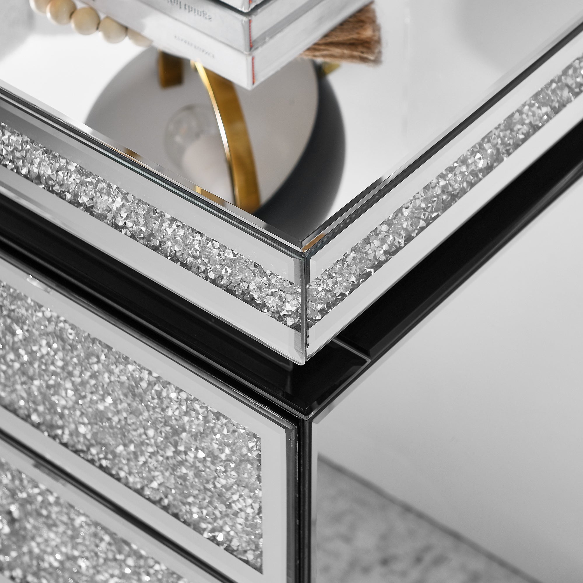 Mirrored Nightstand with 3 Drawers, Silver Nightstand with Crystal Inlay, Mirror End Table, Modern Bedside Table, Glass Table for Bedroom, 13.8''W x 17.7' L x 23.6' H - Grand Goldman Shop