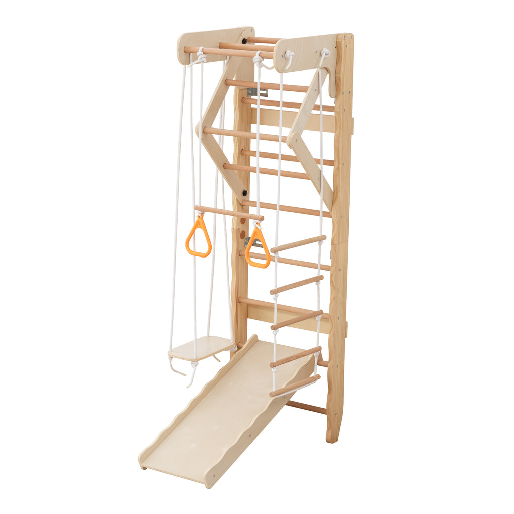 6-in-1 Swedish Ladder Wall Gym, Indoor Kids Playground with Swing, Rope Ladder, Pull-Up Bar, Slide, Gymnastic Rings, Wooden W
