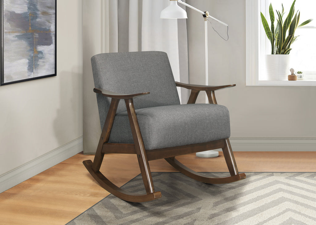 Modern Home Furniture 1pc Rocking Chair Gray Fabric Upholstered Dark Walnut Finish Wood Cushion Seat and Back - Grand Goldman Shop