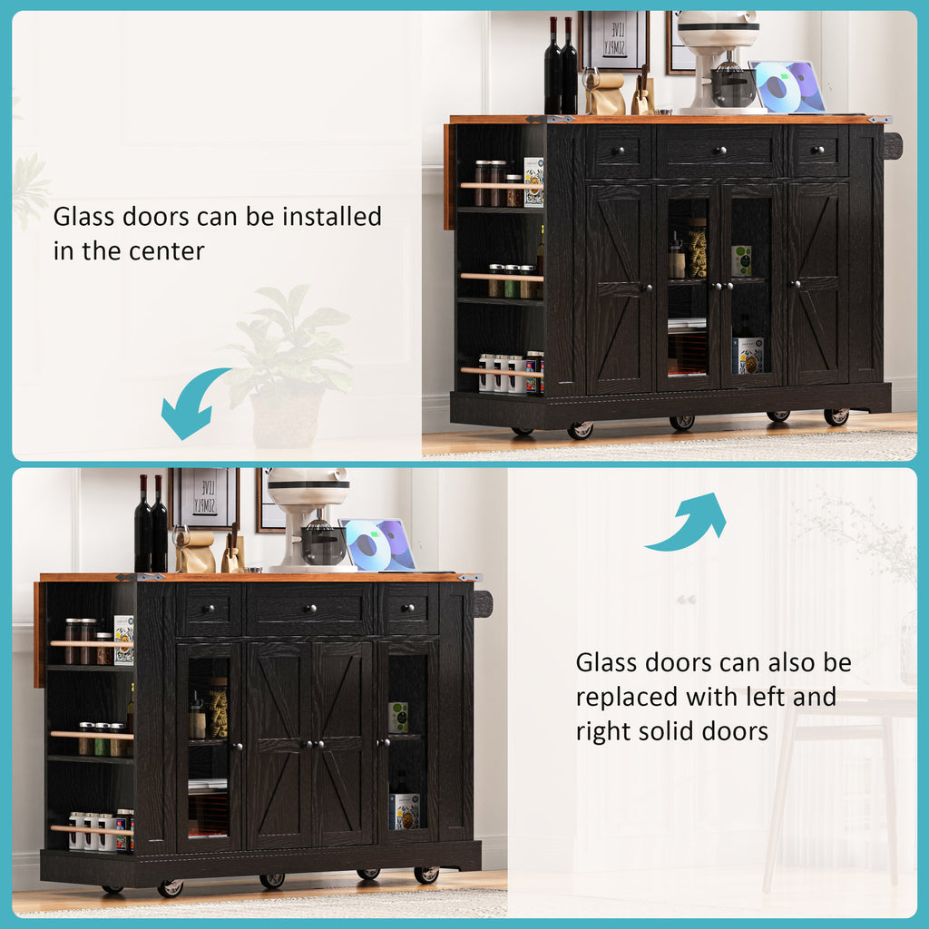 K&K 53'' Farmhouse Kitchen Island with Two Tempered Glass Cabinet Doors, Power Outlet, Rolling Kitchen Cart on Wheels with Drop Leaf, 5 Open Side Racks, 3 Drawers, for Kitchen, Dining Room, Black - Grand Goldman Shop